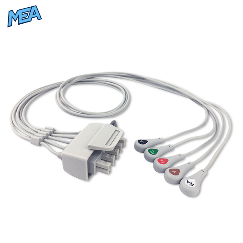 5-lead ECG Leadwire Set with Snap end AHA for Philips M2592A Reusable, Limb + Chest Lead, Lead Type: Tele AA Twin-Pin, Shielded 1 5-lead ECG Leadwire Set with Snap end AHA for Philips M2592A Reusable, Limb + Chest Lead, Lead Type: Tele AA Twin-Pin, Shielded