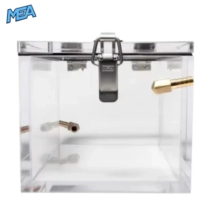 Clear acrylic animal anesthesia induction chamber with stainless steel latch and brass gas inlet valve