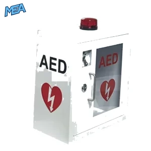 Wall-mounted AED storage cabinet with alarm and transparent window