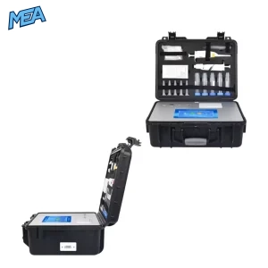 aflatoxin detector case shown upright and open, displaying touch screen, pipette, and test kit accessories