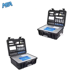 portable aflatoxin rapid detector kit in hard carrying case, open showing touch screen and test tubes, front and side angle