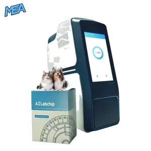 Ailabchip Vet B60 veterinary biochemistry analyzer beside Health Checking Panel reagent disc box with a cat and dog
