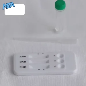 Close-up of ANA BAB EHR rapid test cassette with sample dropper and collection vial for veterinary tick-borne disease testing