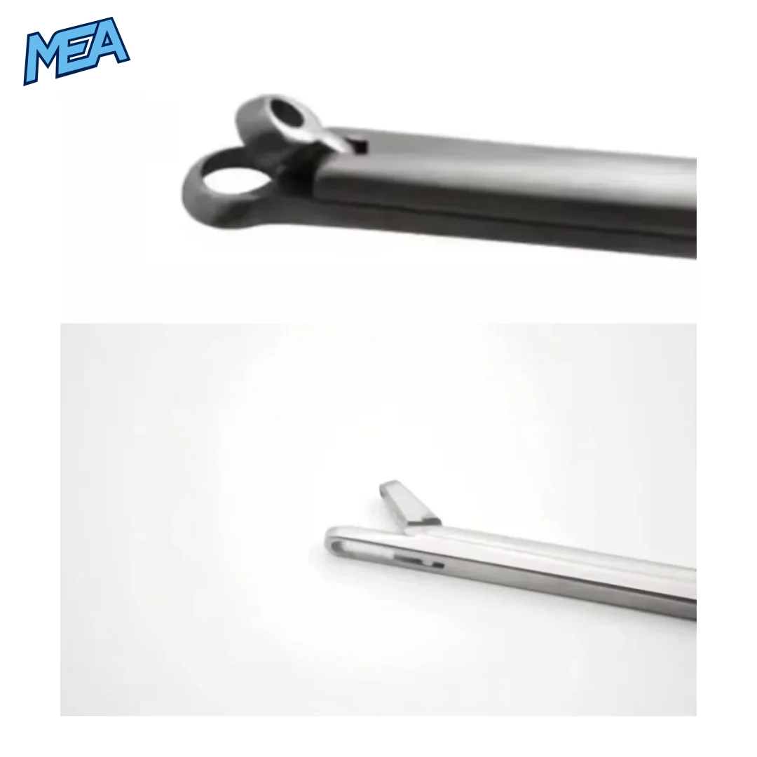 Close-up of vocal cord polyp forceps jaw tip open and closed position for animal laryngeal tissue grasping