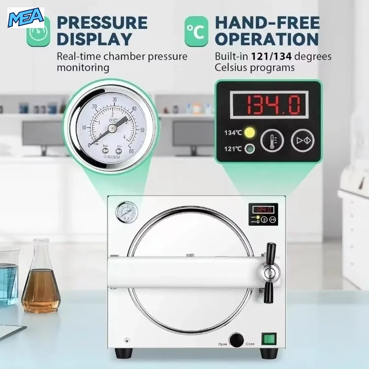 18L Class N Autoclave Steam Steriliser 121/134°C Benchtop With Pressure Gauge & Digital Display (220V, New) 6 Autoclave pressure gauge and 121/134 degree digital temperature display panel