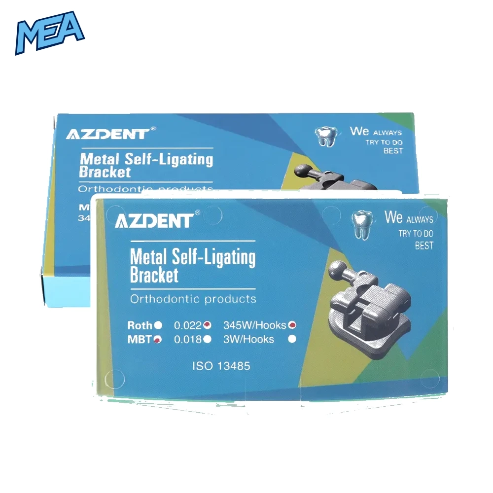 AZDENT Passive Self Ligating Brackets MIM Monoblock MBT/Roth 0.022 Hooks 3-4-5 With Buccal Tubes (5 Boxes) 6 AZDENT metal self ligating bracket box Roth MBT 0.022 345 hooks ISO 13485
