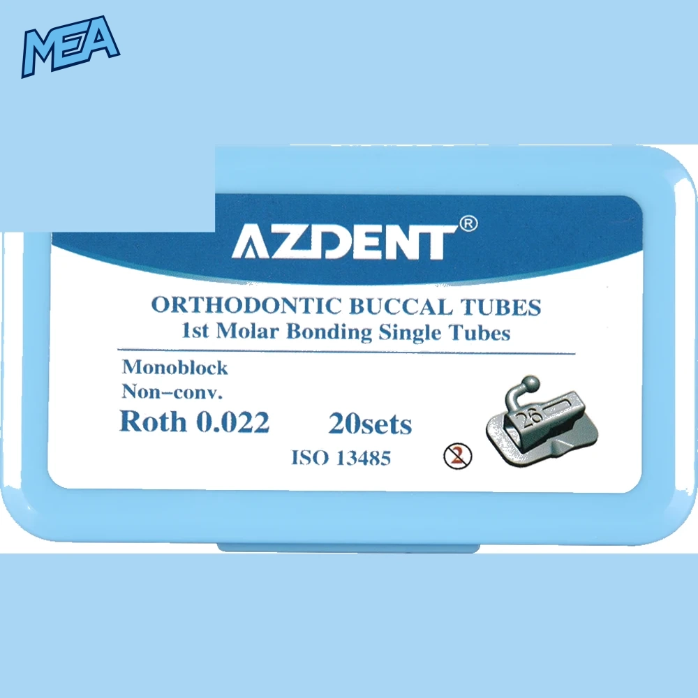 AZDENT Orthodontic Buccal Tubes 1st/2nd Molar Bondable Monoblock Non Convertible Roth/MBT 0.022/0.018 (20 or 50 Sets) 8 AZDENT buccal tubes 1st molar Roth 0.022 monoblock 20 sets box