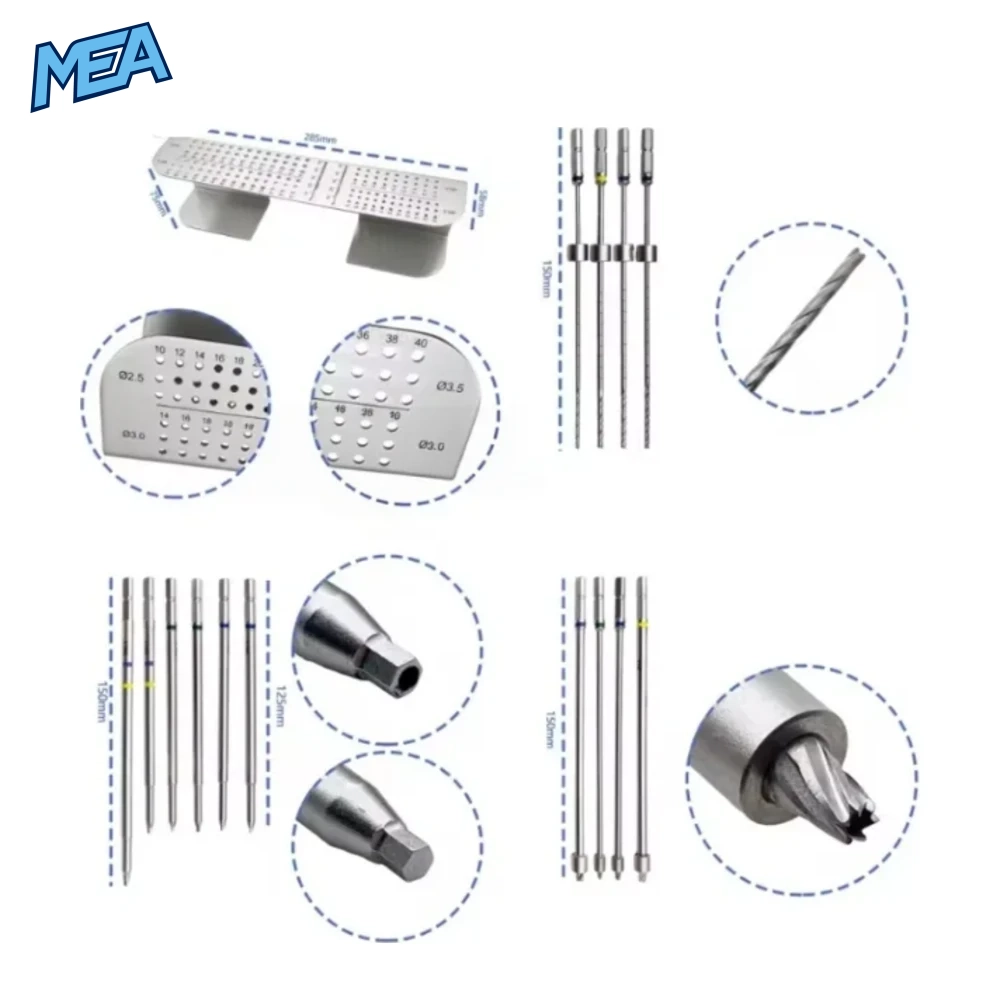 2.5/3.0/3.5/4.0mm Cannulated Screw Set Orthopedic Surgical For Trauma Surgery Instruments Pet 4 Cannulated drill bit, hollow countersink drill, and hex screwdriver specifications with hole diameter chart for orthopedic screw set