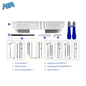 Labeled veterinary orthopedic instrument set showing screw bracket, depth gauge, screw clamping pliers, limiting wrench, cleaning guide pin, and quick handles