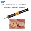 ChemiCore Dual A3 self-cure caries filling material automix syringe with before and after tooth cavity repair result