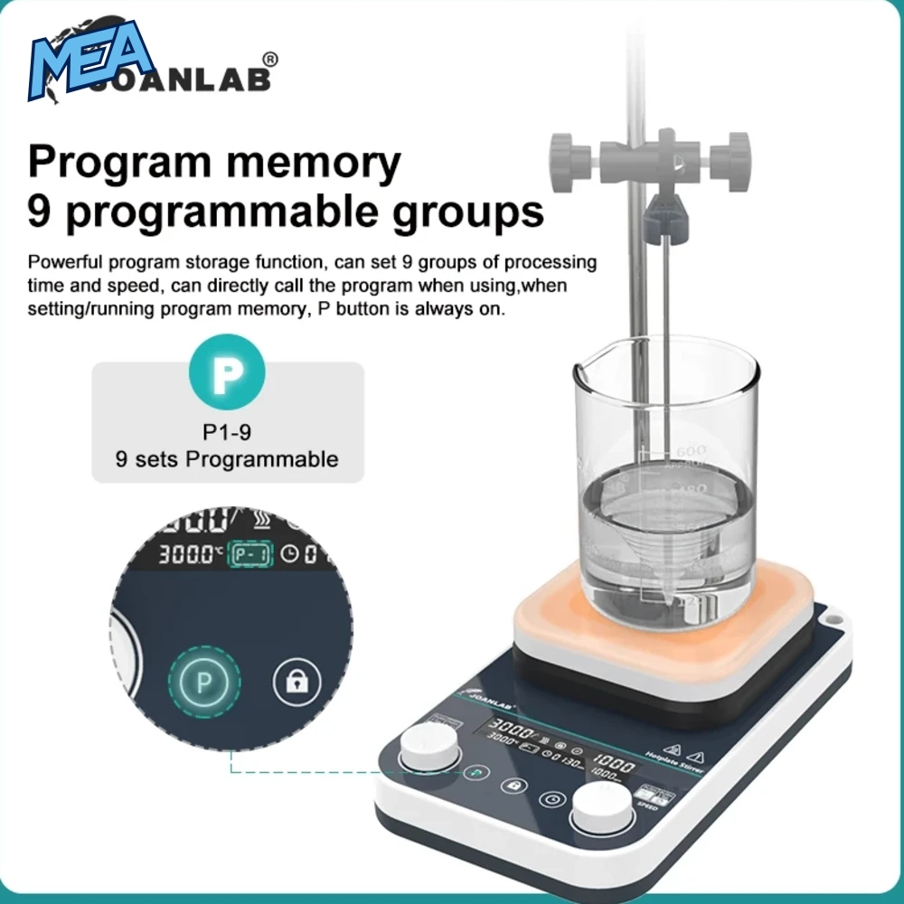 JOANLAB HS-Max Digital Heating Magnetic Stirrer Hot Plate 2L–10L 310°C 1500rpm (HS-5Max / HS-6Max / HS-8Max / HS-10Max) 10 Constant temperature laboratory stirring plate with digital display, knobs and program keys
