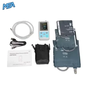 CONTEC ABPM50 Blood Pressure Monitor kit with USB cable, carrying pouch, user manual, and 3 cuff sizes