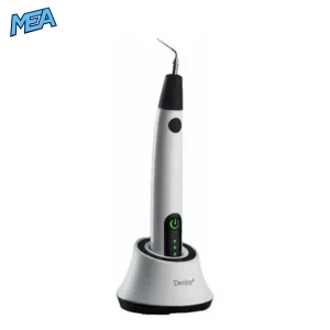 Cordless ultrasonic root canal irrigation activator (iUe1) handpiece docked in its charging stand with power indicator lit