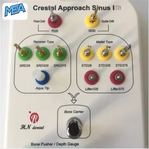 Dental sinus lift kit instrument tray showing point drill, guide drill, ridge expanders, sinus lifters, bone carrier and depth stoppers 1mm to 6mm