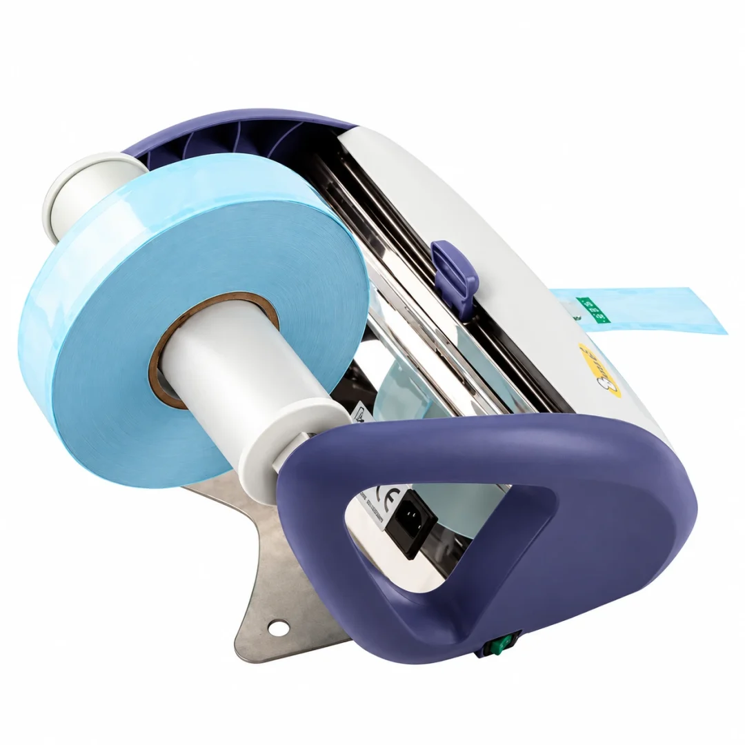 Dental Pulse Sealing Machine Sterilisation Pouch Heat Sealer 250mm Wall-Mountable With Cutter & Alarm (220V, New) 4 Dental heat sealer side view with sterilisation reel on holder bar