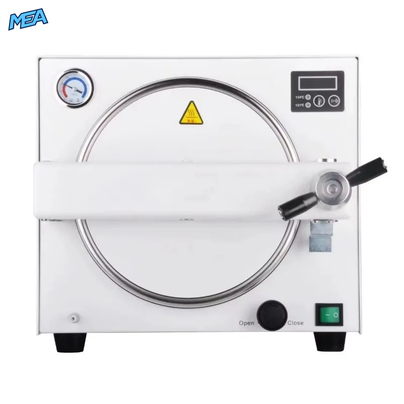 18L Class N Autoclave Steam Steriliser 121/134°C Benchtop With Pressure Gauge & Digital Display (220V, New) 10 Dental instruments beside autoclave tray ready for steam sterilisation