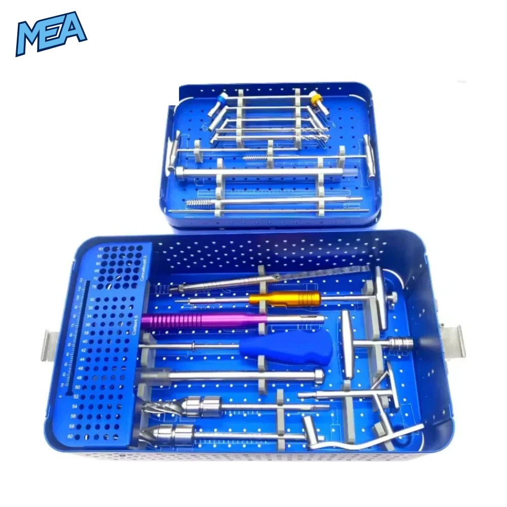Bone Surgery DHS & DCS Plates Instrument Kit Set Trauma Surgical Locking Plate Orthopedic Instruments 1 DHS DCS veterinary orthopedic instrument kit in dual sterilization trays with drill bits, taps, wrenches, and depth gauge
