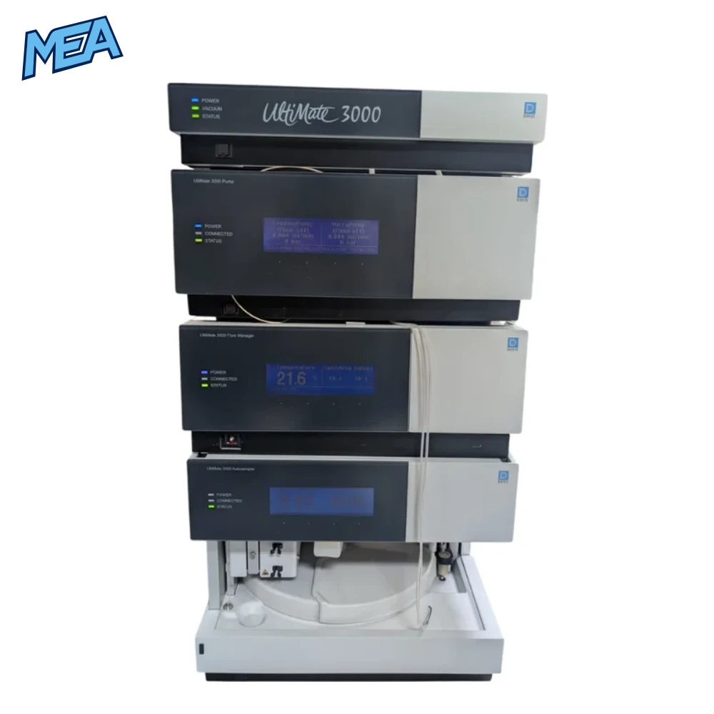Dionex Ultimate 3000 HPLC System (Refurbished) 1 Dionex UltiMate 3000 HPLC system front view showing pump, flow manager, and autosampler displays