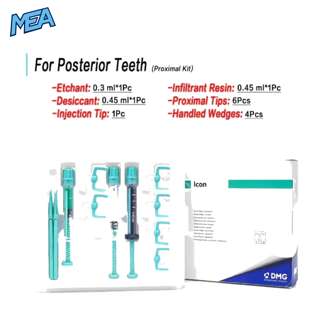 DMG Icon Caries Infiltrant Kit for Posterior Teeth Proximal Kit contents with etchant, desiccant, infiltrant resin, proximal tips and wedges