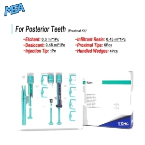 DMG Icon Caries Infiltrant Kit for Posterior Teeth Proximal Kit contents with etchant, desiccant, infiltrant resin, proximal tips and wedges