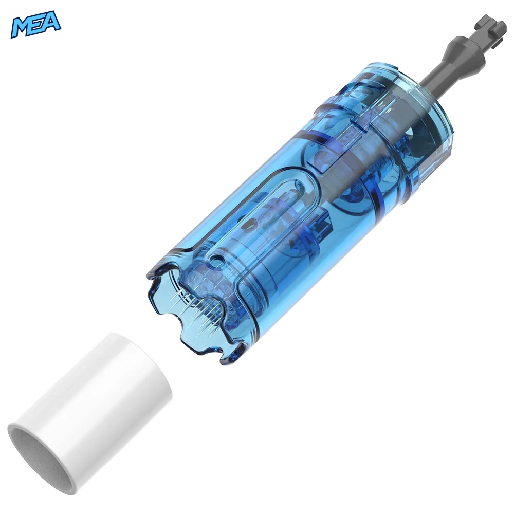 Dr. Pen M9 Cartridges 10 Pack 18/36/42 Pin & Round Nano Chip-Embedded Microneedling Needle Cartridges (New) 8 Dr. Pen M9 microneedling cartridge side view showing clear blue housing and serrated tip