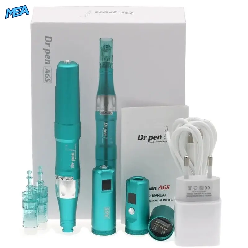 Dr. Pen Ultima A6S Wireless Microneedling Pen With 32 Cartridges 4 Dr. Pen Ultima A6S box contents with pen, two batteries, charger and adapter