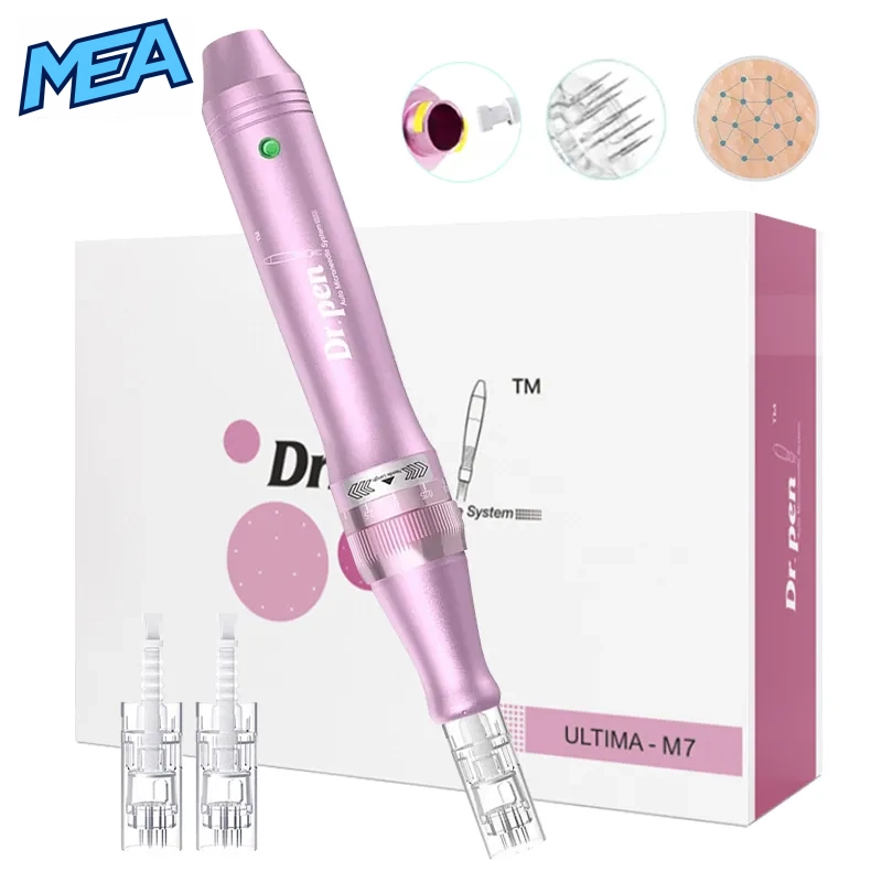 Dr. Pen Ultima M7 Wireless Microneedling Pen 2 Dr. Pen Ultima M7 derma pen with retail box and 12-pin cartridges