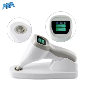 dental shade comparator handpiece on charging base with close-up of 7-sensor probe tip and Ready LCD display