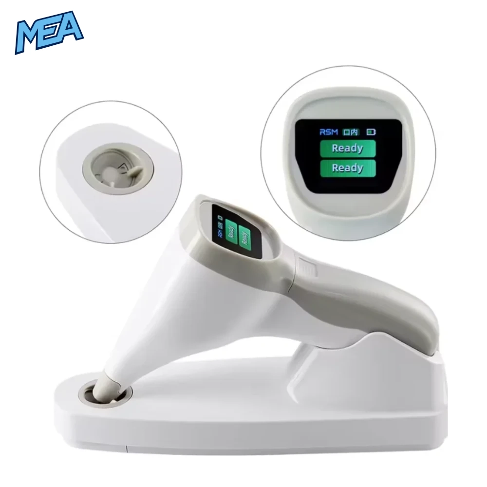 Azdent Dental Update 7 Sensors Photoelectric Colorimeter Tooth Color Comparator Digital Shade Guide Corrector High Accuracy New 2 dental shade comparator handpiece on charging base with close-up of 7-sensor probe tip and Ready LCD display