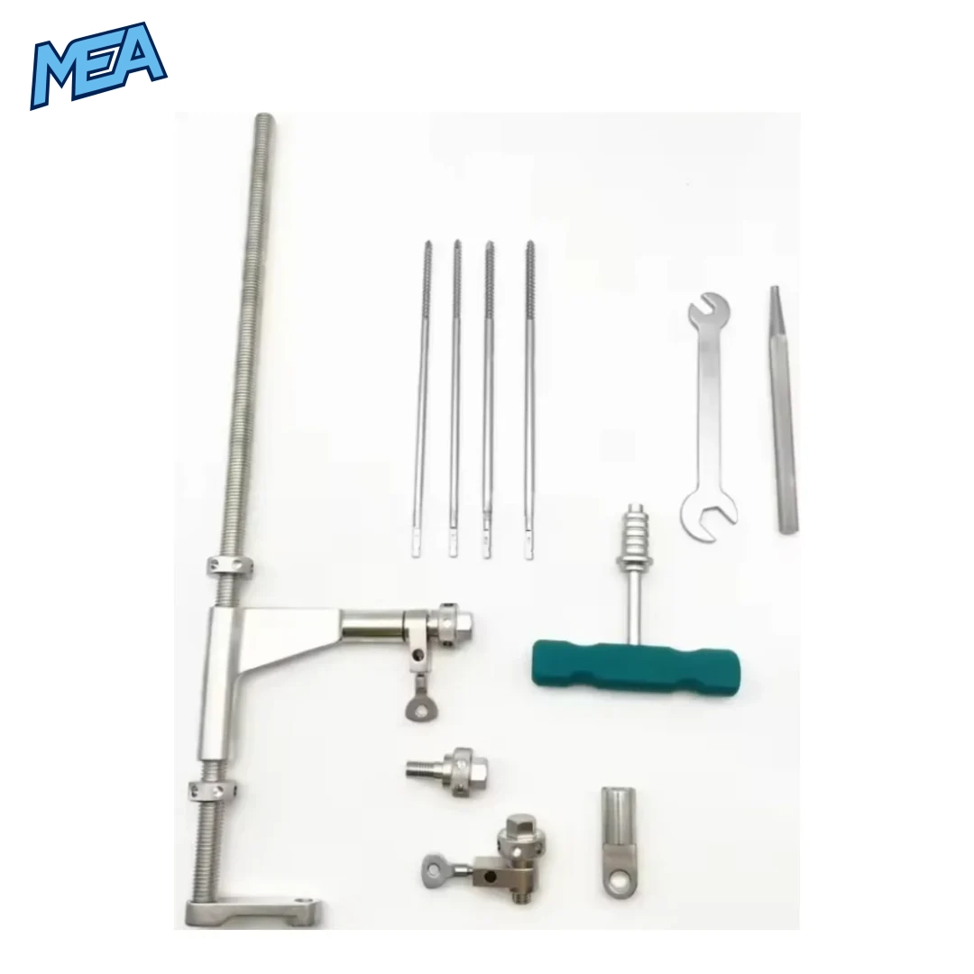 Orthopedic Lower Limb Fracture Reduction Kit With Femur Distractor Pet Surgical Instruments 2 Veterinary femur distractor kit components including threaded reduction pins, T-handle driver, wrench and connecting hardware