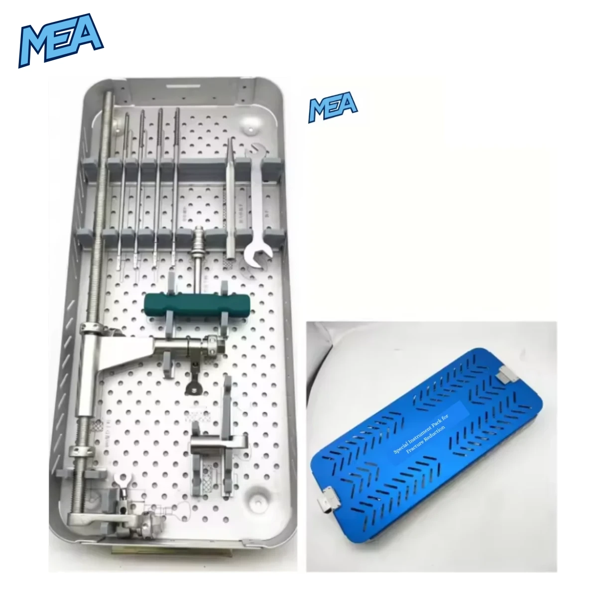 Orthopedic Lower Limb Fracture Reduction Kit With Femur Distractor Pet Surgical Instruments 1 Femur distractor veterinary orthopedic fracture reduction kit in stainless steel sterilization tray with blue autoclave case