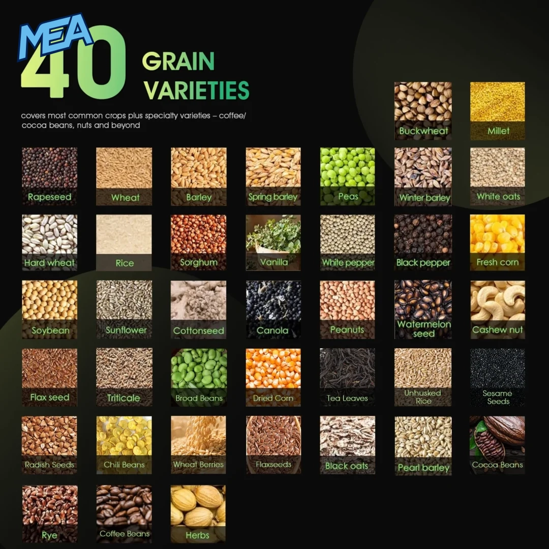 40 grain types supported by the grain moisture meter including wheat, corn, rice, coffee and cocoa beans