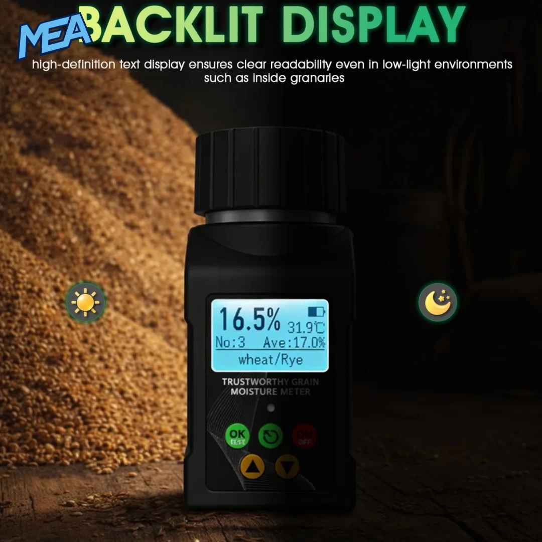 Grain moisture meter backlit LCD showing moisture percentage, temperature and average reading