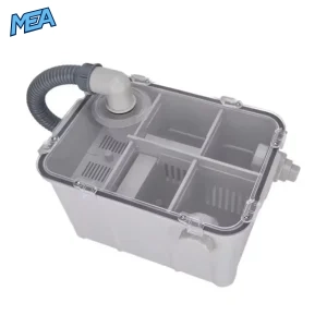 dental gypsum trap tank with transparent lid, inlet hose, and drain outlets for sink wastewater filtration