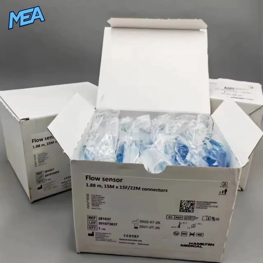 Hamilton Medical 281637 Adult/Pediatric Flow Sensor for C1 C2 C3 T1 & G5 Ventilators (Single Use Box of 10 New) 6 Hamilton Medical flow sensor 281637 box label showing 1.88 m 15M x 15F/22M connectors