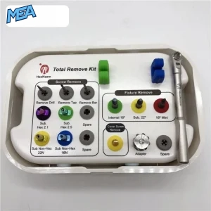 Close-up of HaeNaem dental implant screw and fixture remover kit inserts and ratchet wrench