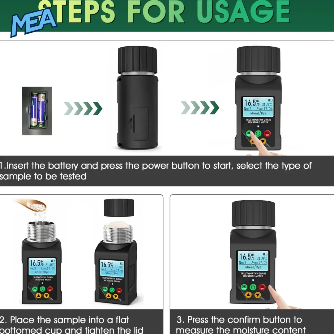 How to use the grain moisture meter in three steps: select grain, fill cup, press test