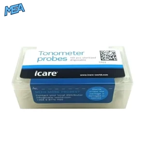 iCare PRO tonometer probe TP03 box of 100 disposable sterile probes." Front view of the sealed TP03 probe box.
