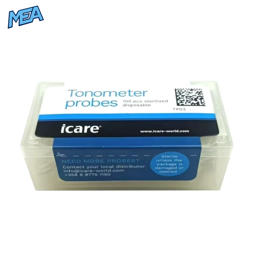 Disposable Tonometer Probe TP03 (100 Pcs Box) For iCare PRO Tonometer 1 iCare PRO tonometer probe TP03 box of 100 disposable sterile probes." Front view of the sealed TP03 probe box.