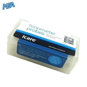 TP03 disposable tonometer probe packaging angled view showing sterile seal and 100 pcs label." Angled view showing the sterile-seal sticker and quantity label