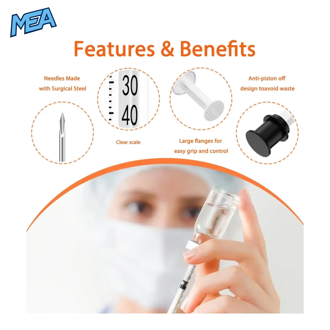 Insulin Syringes With Needle 0.3ml / 0.5ml / 1ml U-100 29G–31G Sterile Disposable (Pack of 500) 8 Insulin syringe features: surgical steel needle, clear scale, wide flanges and low-waste plunger