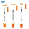 Insulin Syringes With Needle 0.3ml / 0.5ml / 1ml U-100 29G–31G Sterile Disposable (Pack of 500) 4 Insulin syringes with needle in 0.3ml, 0.5ml and 1ml U-100 sizes with orange caps