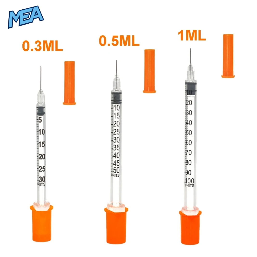 Insulin Syringes With Needle 0.3ml / 0.5ml / 1ml U-100 29G–31G Sterile Disposable (Pack of 500) 1 Insulin syringes with needle in 0.3ml, 0.5ml and 1ml U-100 sizes with orange caps
