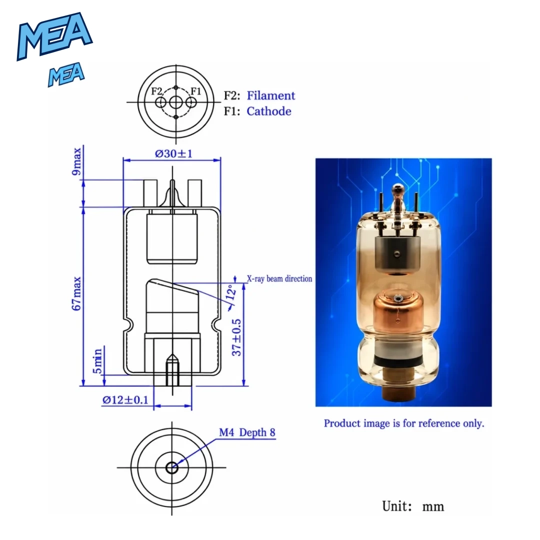 Intraoral dental X-ray tube dimensions drawing: 30mm diameter, 67mm length, M4 anode thread