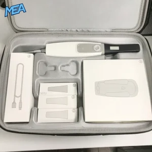Intraoral scanner complete kit with handpiece, tips, base and cable in carry case