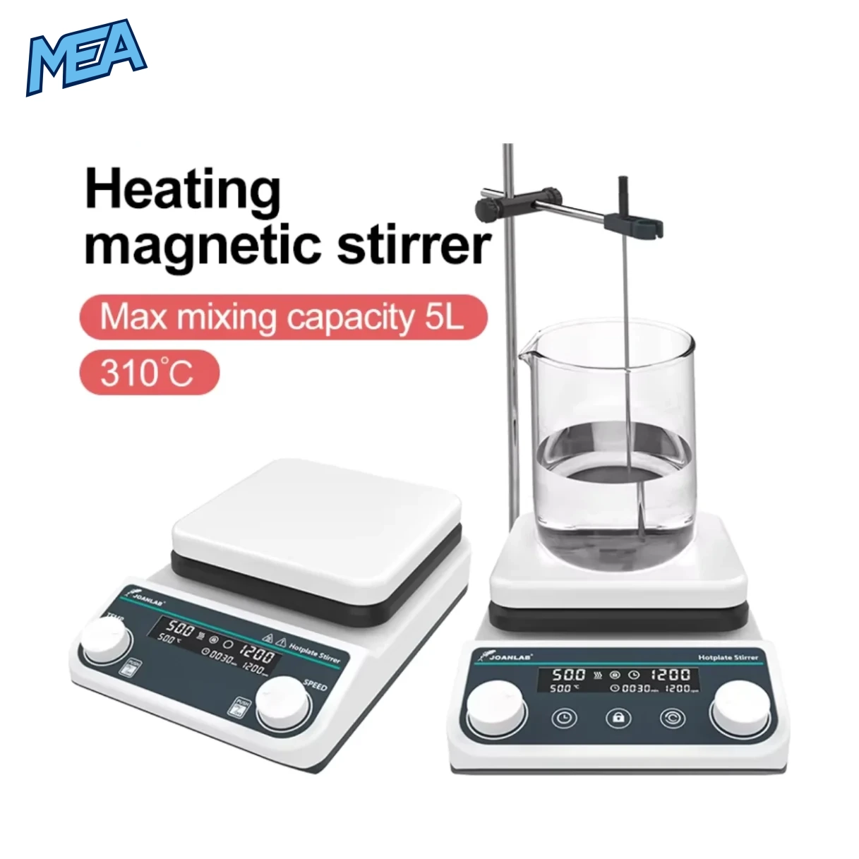 JOANLAB Magnetic Stirrer Laboratory Digital Display Heating Thermostatic Magnetic Mixer Hot Plate 5L 1500rpm 1 JOANLAB digital heating magnetic stirrer shown with and without a beaker and temperature probe