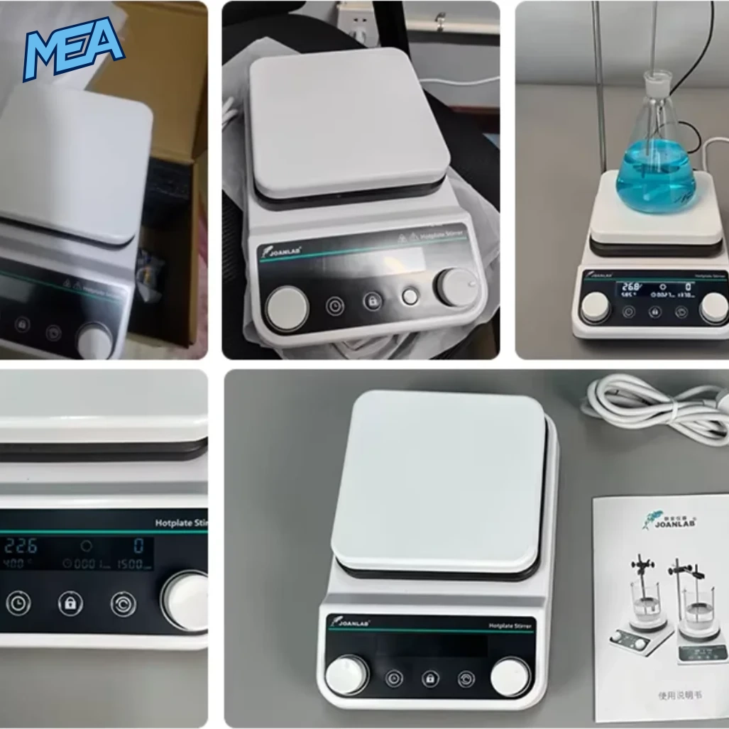JOANLAB Magnetic Stirrer Laboratory Digital Display Heating Thermostatic Magnetic Mixer Hot Plate 5L 1500rpm 14 Photo collage of a JOANLAB digital hotplate stirrer, control panel, flask setup, power cord and manual