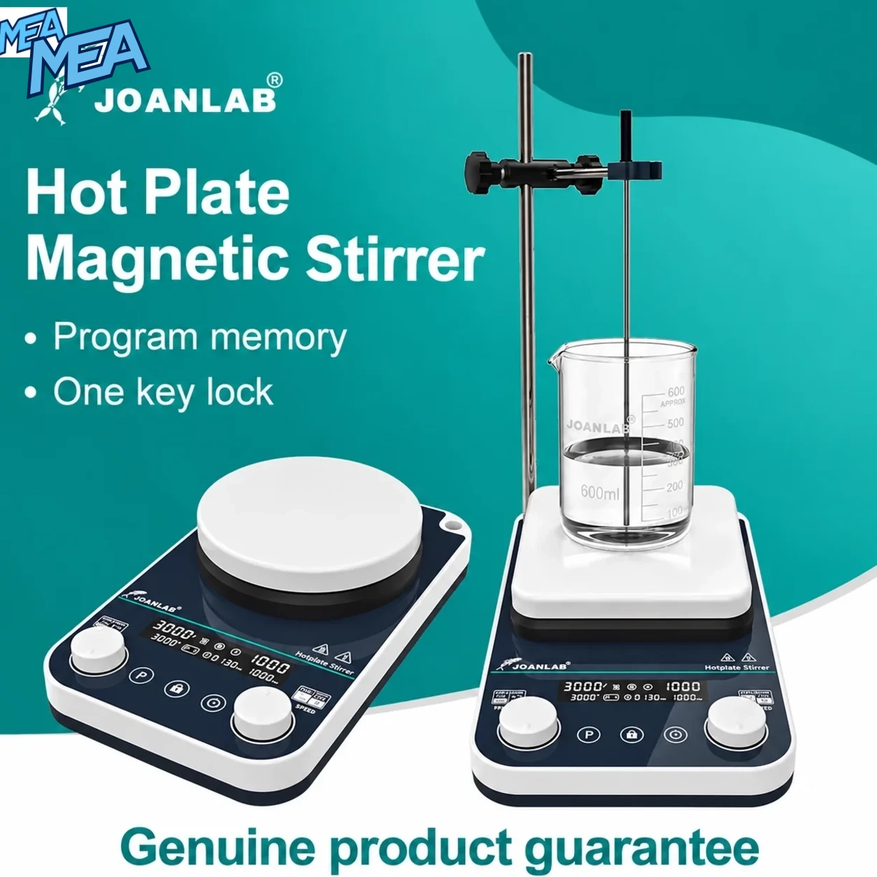 JOANLAB HS-Max Digital Heating Magnetic Stirrer Hot Plate 2L–10L 310°C 1500rpm (HS-5Max / HS-6Max / HS-8Max / HS-10Max) 1 JOANLAB HS-Max digital heating magnetic stirrer hot plate with support stand and temperature probe