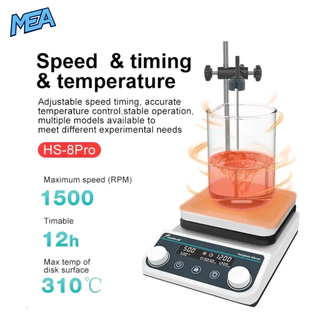 JOANLAB Magnetic Stirrer Laboratory Digital Display Heating Thermostatic Magnetic Mixer Hot Plate 5L 1500rpm 10 JOANLAB HS8Pro magnetic stirrer showing 1500rpm speed, 12-hour timer and 310°C plate temperature