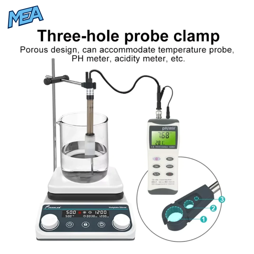 JOANLAB Magnetic Stirrer Laboratory Digital Display Heating Thermostatic Magnetic Mixer Hot Plate 5L 1500rpm 12 JOANLAB magnetic stirrer with a three-hole probe clamp holding a pH electrode above a beaker